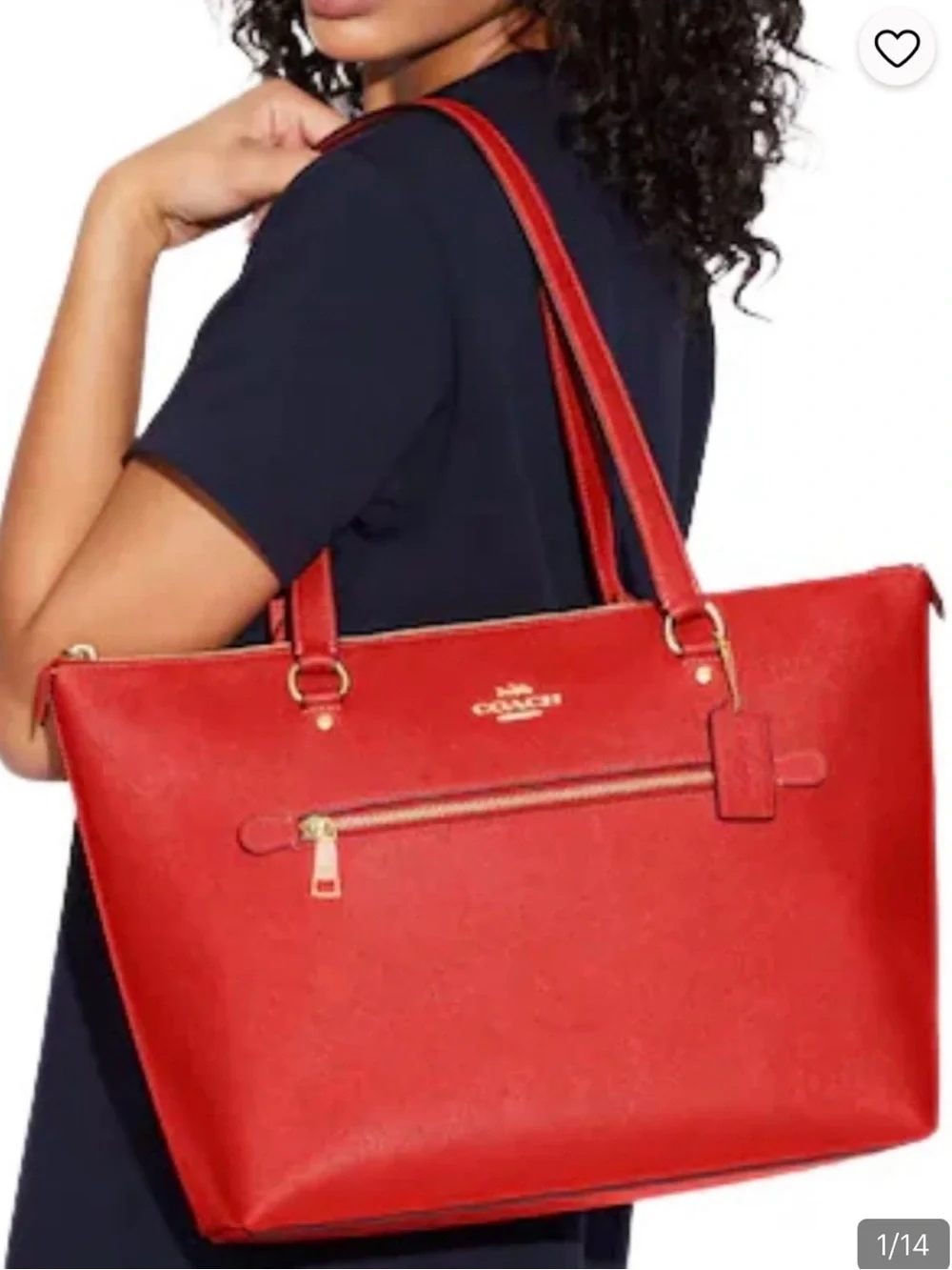 Coach Red Leather Tote with Front Zip and Gold Accents